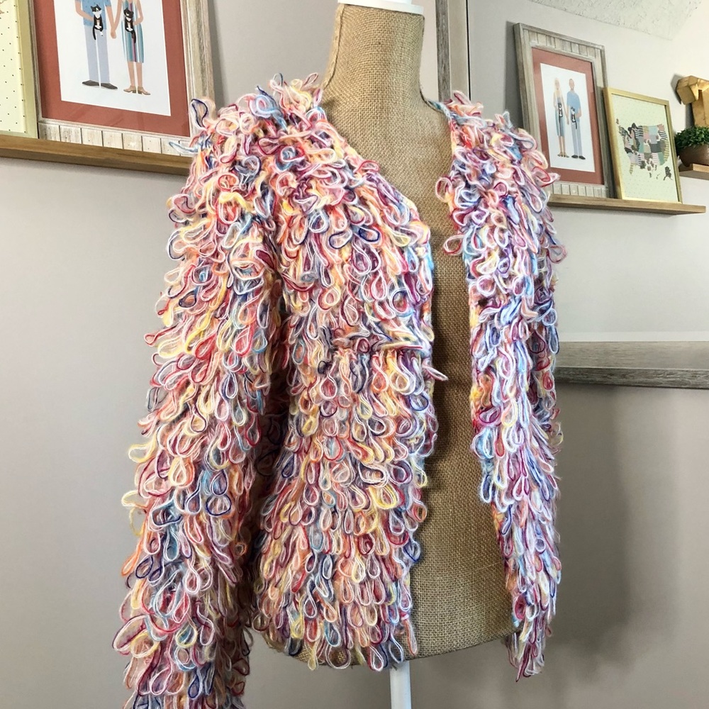 🏷️ SOLD Hayden Multi Color Fringe Yarn Loop Sweater Jacket - Picture 11 of 16